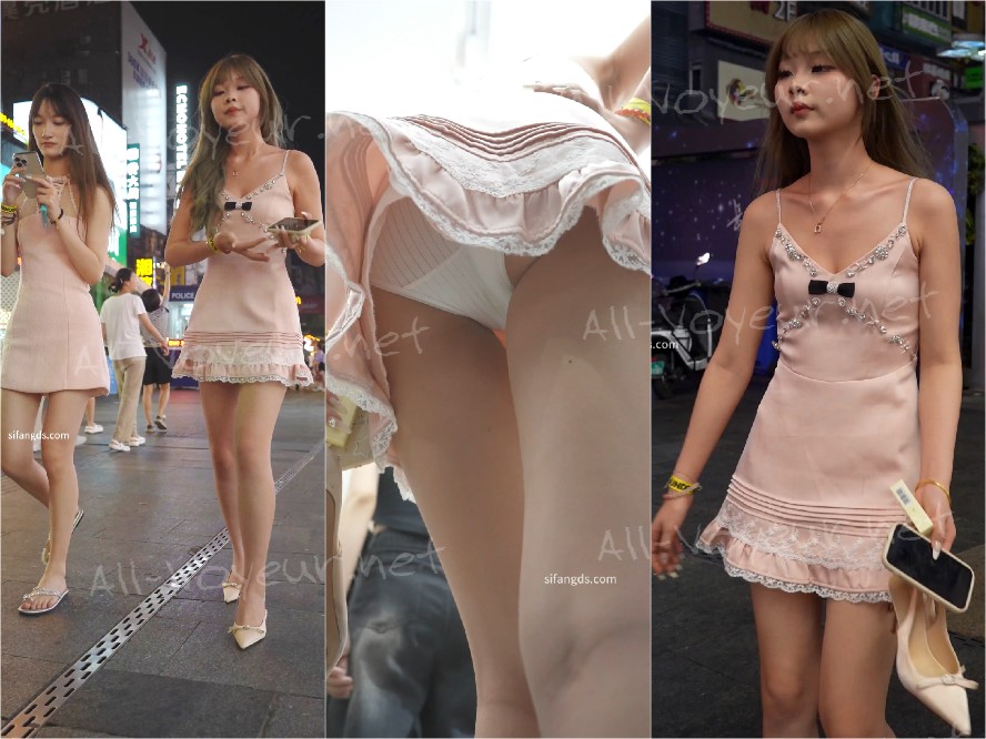 (BC-AA-414)超短吊带裙美女喝多了..光脚走路被抄底条纹白内[某房原版]