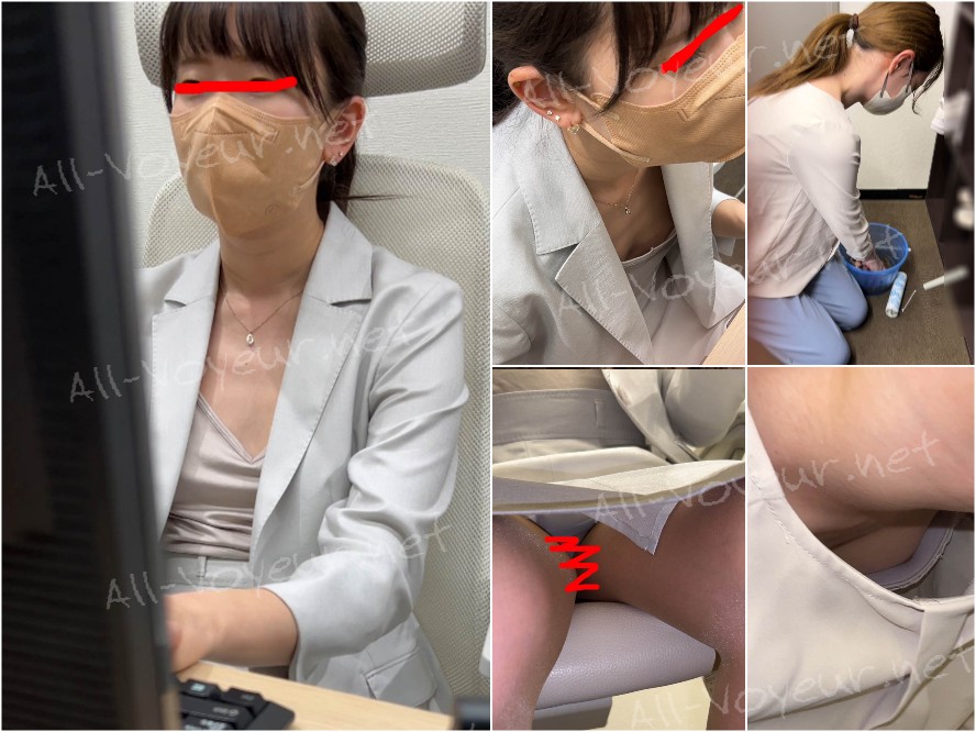 【同僚OLの乳首/胸ちら#41】2名分/机下パンチラ/掃除胸チラ