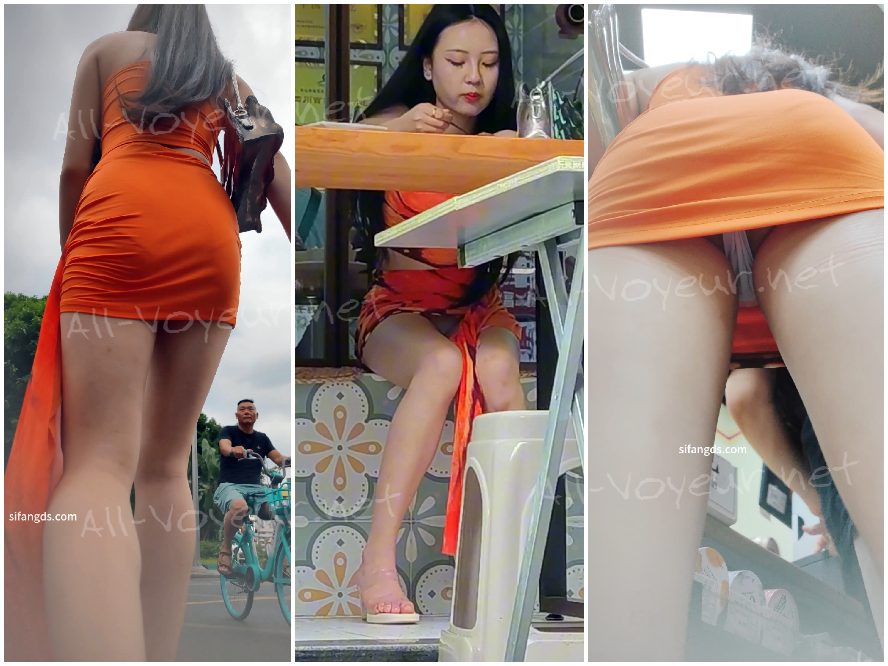 【CSCD】橘色抹胸包臀裙美女，完美身材前后抄底白色窄内