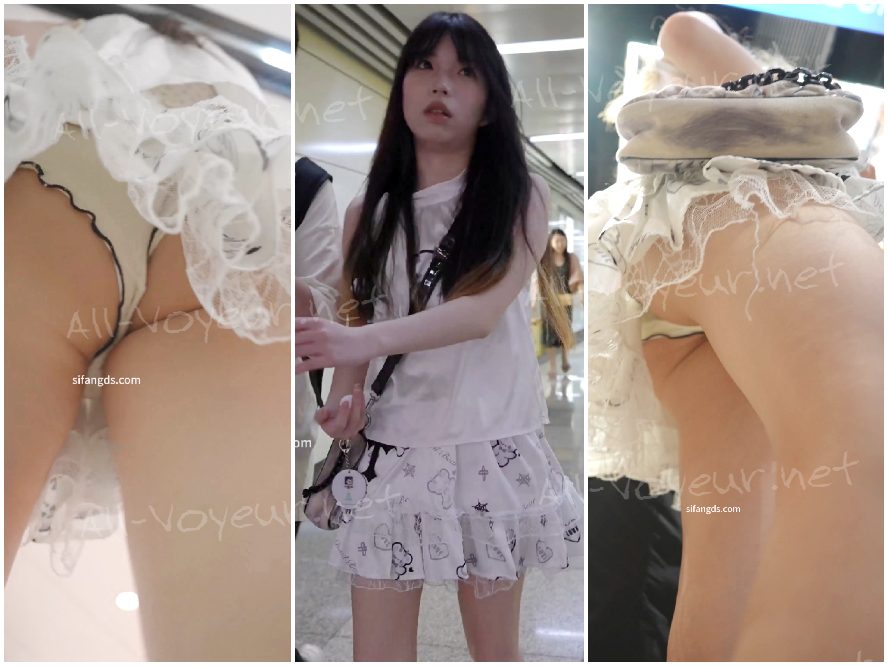 レースのドレスを着た少女は何度も前かがみになり、スカートを隠して身を守ろうとしていたが、現行犯で捕まった。