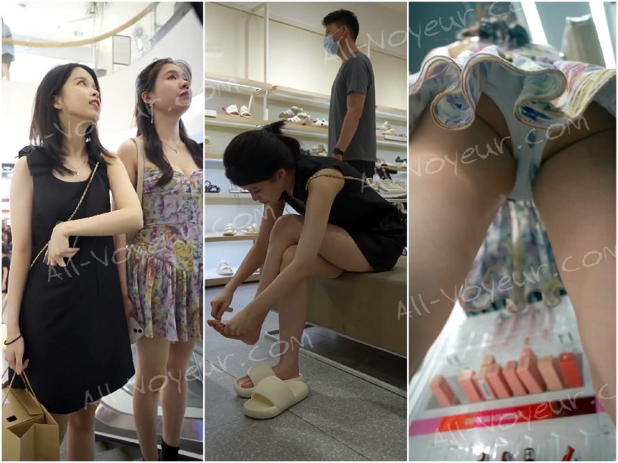 官方售价39元❤️一对好闺蜜一起逛街被一箭双雕抄底黑裙美女穿着紫色花内勒出深深屁股缝