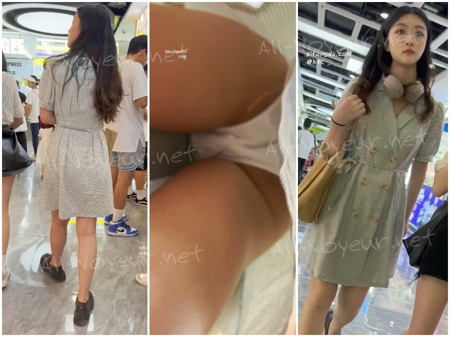 短いスカートをはき、シースルーのストッキングと極薄の白い下着を身につけて買い物をする女子高生2人組 – 一石二鳥!