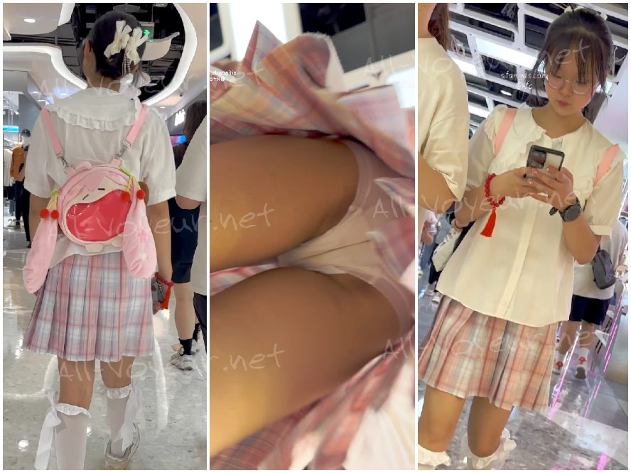 短いスカートをはき、シースルーのストッキングと極薄の白い下着を身につけて買い物をする女子高生2人組 – 一石二鳥!