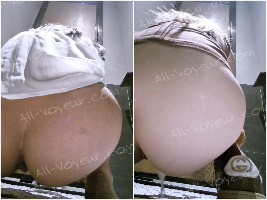 【トイレショット】白いワンピースを着た美しい女性と、抜群のスタイルと狭い性器を持つ女性のパノラマ背面ショット。