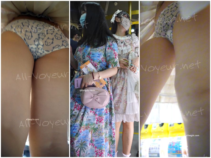 花柄のドレスを着た女の子の下着は漫画風の透明な裏地が付いています。お尻の裏側には黒い裏地が見えます。