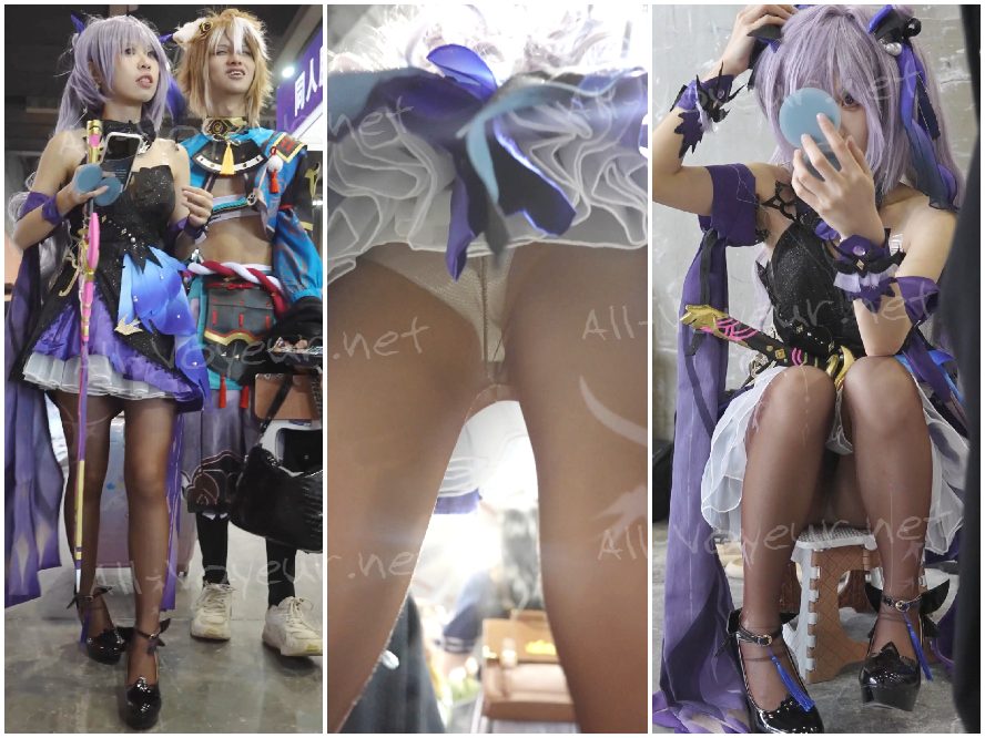 展示会で、CDモデルの柯清さんは茶色のストッキングと白い下着を身につけ、座っていたところ、うっかり露出してしまいました。