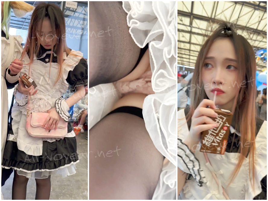 メイド服を着た女子高生と親友が買い物に行き、写真を撮ります。セクシーなピンクのサスペンダーストッキングと下着。