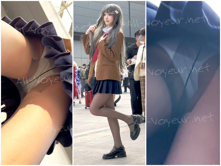 ロングスカートをはいた女子生徒がルームメイトと買い物に出かける。ローアングルの高画質 CD に、黒の縁取りの白い下着が映っている。