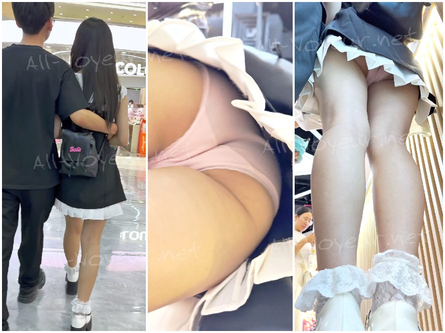 短いスカートをはいた可愛い女の子とボーイフレンドが街を散歩しています。ピンクの下着をローアングルの高解像度ビューで撮影しました。