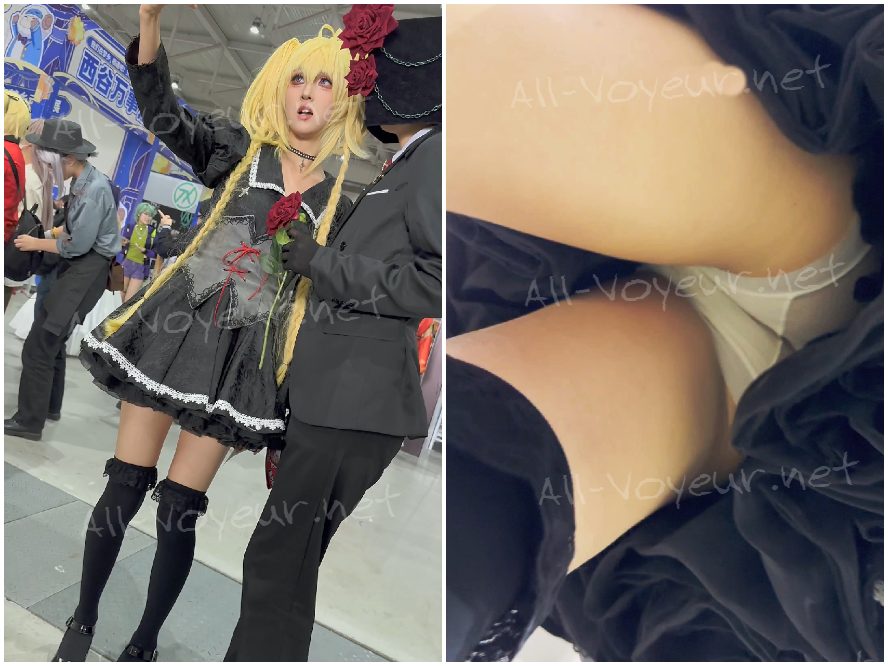 カメラマンに囲まれて、いろんなポーズをとって写真を撮られる一流メイドさん。透け透けの下着とのコントラストが鮮やか。