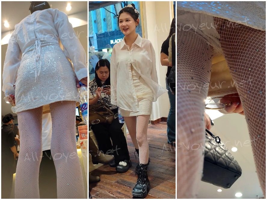 白いラインストーンの網タイツを履いた美しい女性が親友と一緒に買い物に来ます。彼女は白い下着を身につけています。