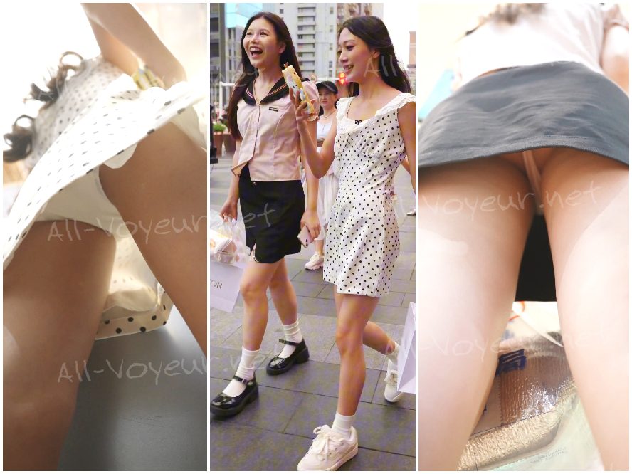 レースのドレスを纏い買い物中の脚長美女……食い込んだパンティが「キャメルトー」を露わにし、前屈みになるとすべてが丸見えに【オリジナル版】