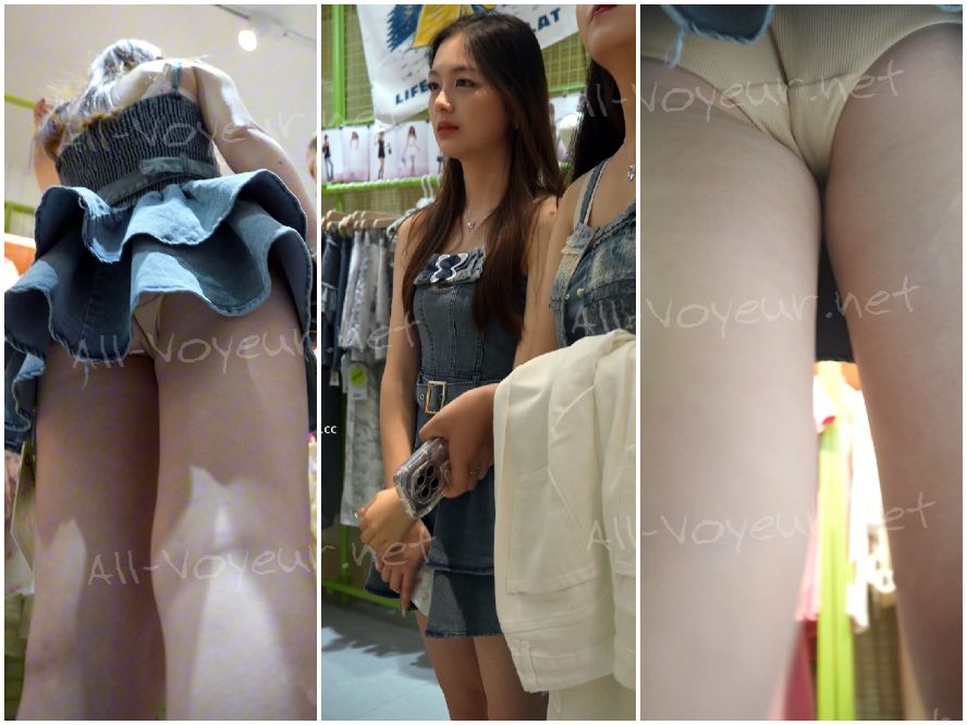 愛らしい雰囲気の若い女性がスカートを試着していると……まさか下からストライプのパンツが丸見えになっているとは露知らず、完全に無防備な姿をさらしてしまう。