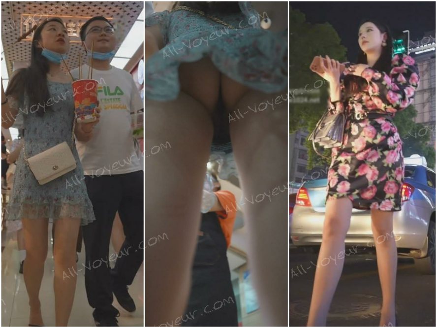 熟練ストーカー：レースのミニスカートを履いた尻軽女を隠し撮り――歩き食いで串焼きを頬張り、ノーパンで、ふさふさの黒い陰毛を露わに――さらに、歩道でタクシーを拾う花柄ワンピースの美女も。