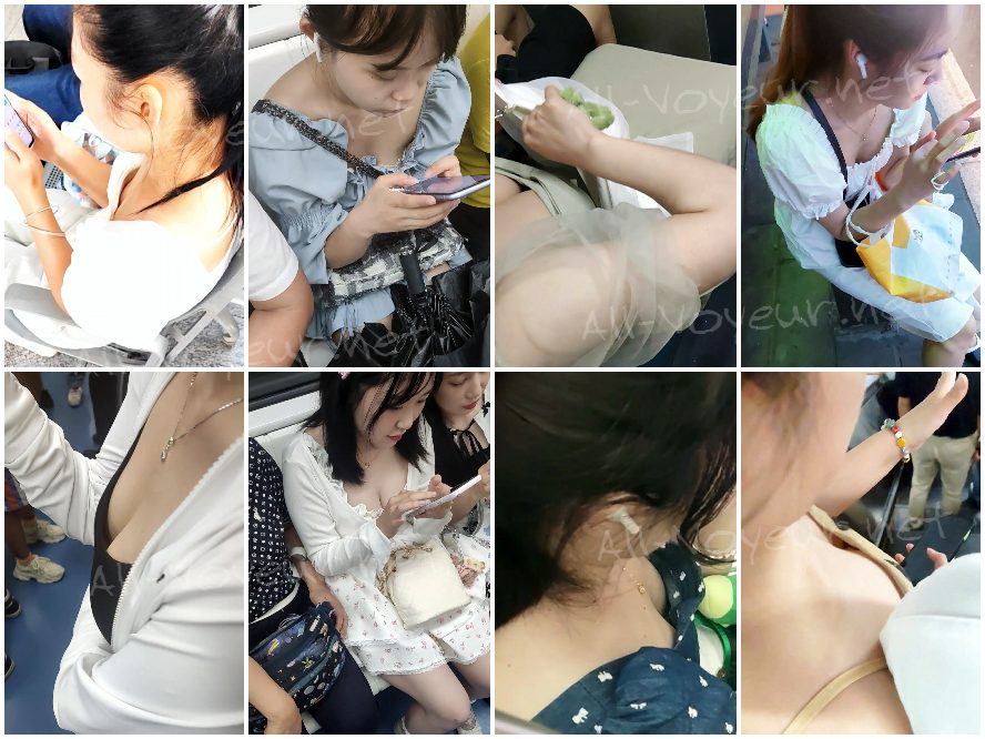 地下鉄駅でのスカートの中と谷間ショット――巨乳と小さな乳首！