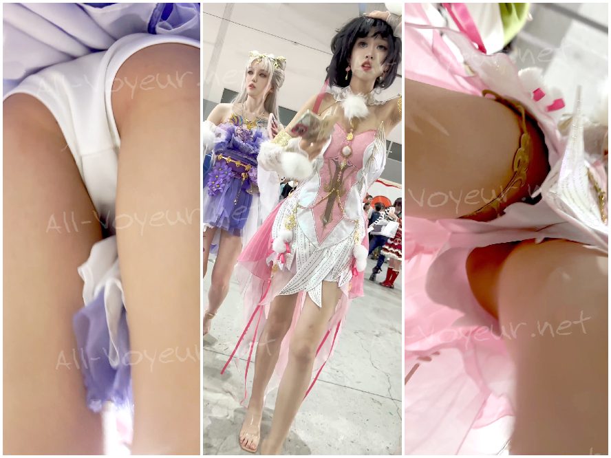 【KFC】超絶美女コスプレイヤーとその親友がショッピングへ —— 前屈みになって白い下着を披露（ドアップ撮影）