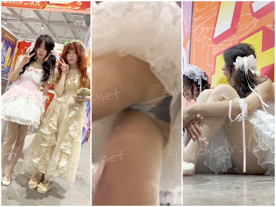 [KFC] ロリータ風のかわいい女の子が買い物に疲れて地面に座り込み、彼氏が見守る中、透けるストッキングと黒い下着が露わになる。