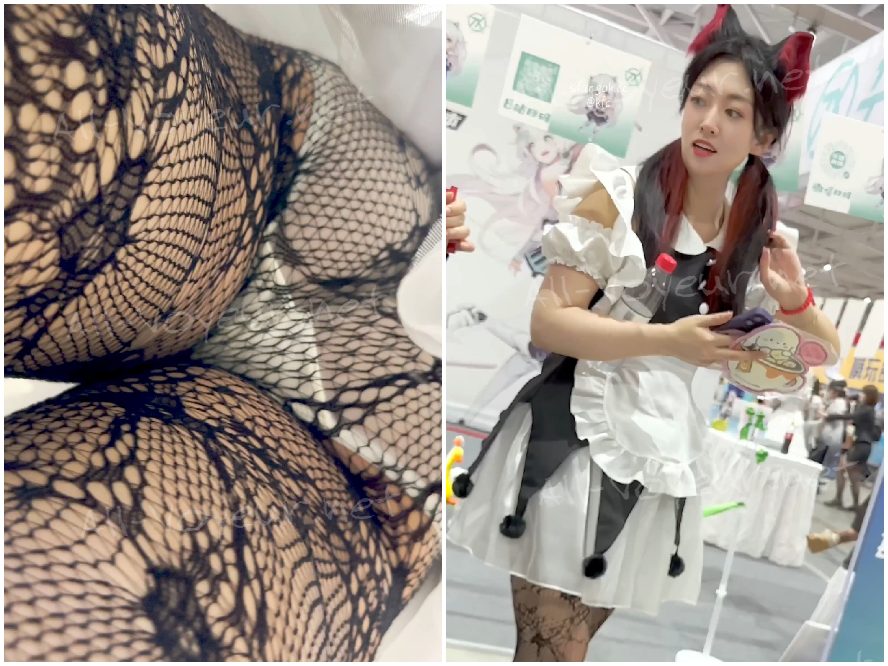 【KFC】メイド服コスプレイヤーが彼氏と買い物へ。黒の網タイツ、半透明の下着、CD-ROMはかなり挑発的。