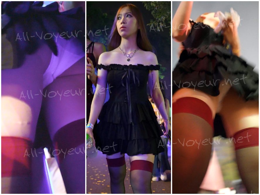 (BC-AA-663) 遊園地CDストラップレスドレス美女…セクシーな黒ストッキングニーハイソックスと白パンティストッキング