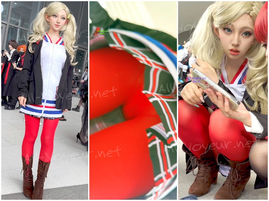 【KFC】おさげ髪の女子高生がショートビデオを撮影 - 赤いストッキングが少し透けて見える - しゃがんでB字型のお尻を見せる