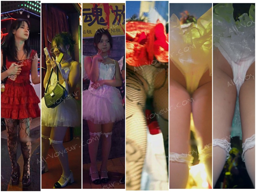 BCシリーズ ❤️ 赤いドレスとセクシーな黒の網タイツ姿でショッピングを楽しむ美女（レースの縁取りが施されたTバックが食い込んでいます）＋レースの「天使」風ドレスを身にまといポーズをとる美女（ピンクのストライプ柄のパンティーから、股間がチラリと覗いています）。