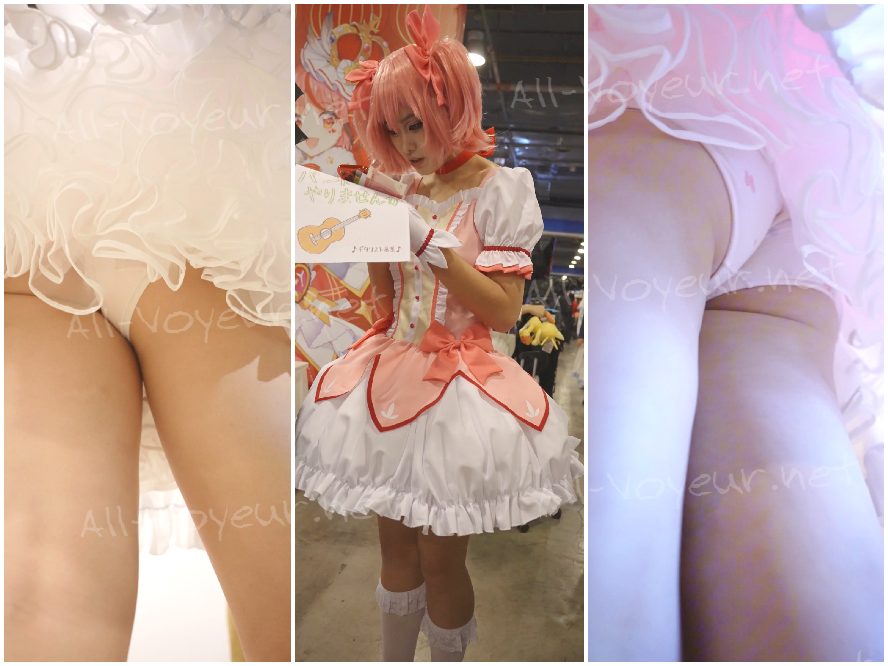 制服を着た女子高生がエスカレーターでかがみ込み、膝丈のソックスを引き上げ、継ぎ目のないピンクのパンティーを履いたまま階段を上っていった…。