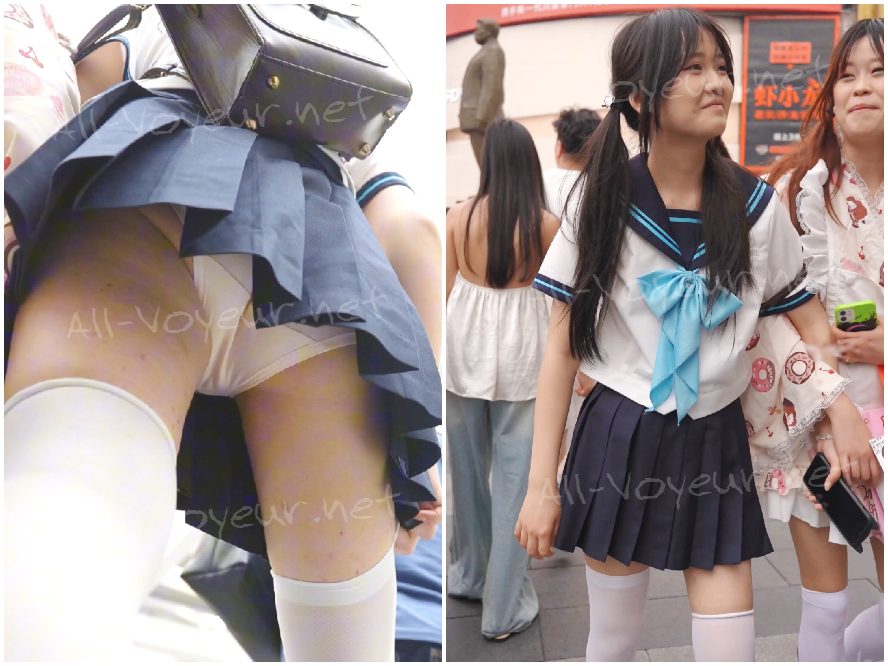 制服を着た女子高生がエスカレーターでかがみ込み、膝丈のソックスを引き上げ、継ぎ目のないピンクのパンティーを履いたまま階段を上っていった…。