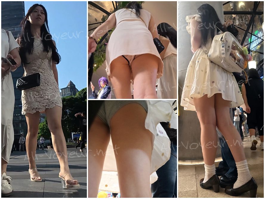 247 - 白いレースのミニスカート、透明なハイヒール、そして半透明の白い下着を身に着けた、魅力的な女性。