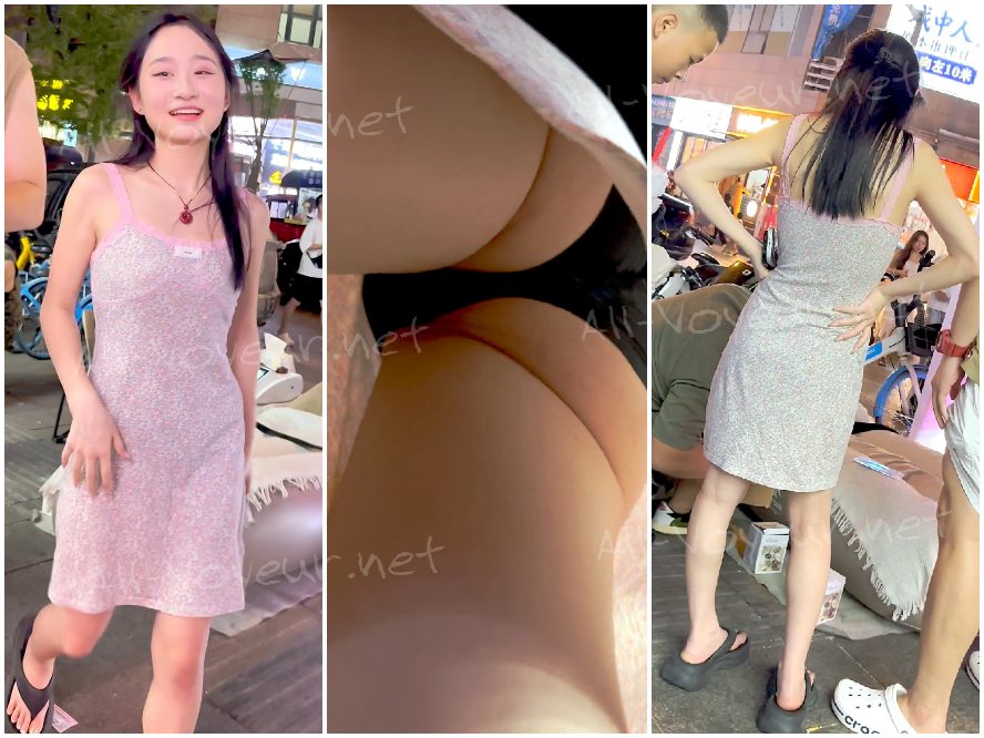 長いドレスを着た美しい女性と彼女のボーイフレンドが深夜に買い物に出かけた。彼女は黒い下着を身につけており、両面にCDを持っていた。
